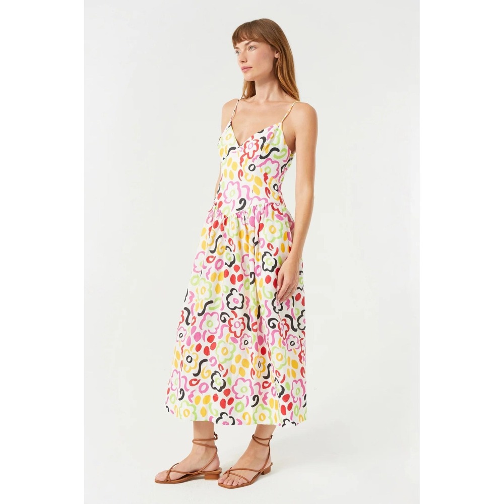 Rhode Sophie Dress White Floral Linen Midi V-Neck Spaghetti Strap Basque Waist 6